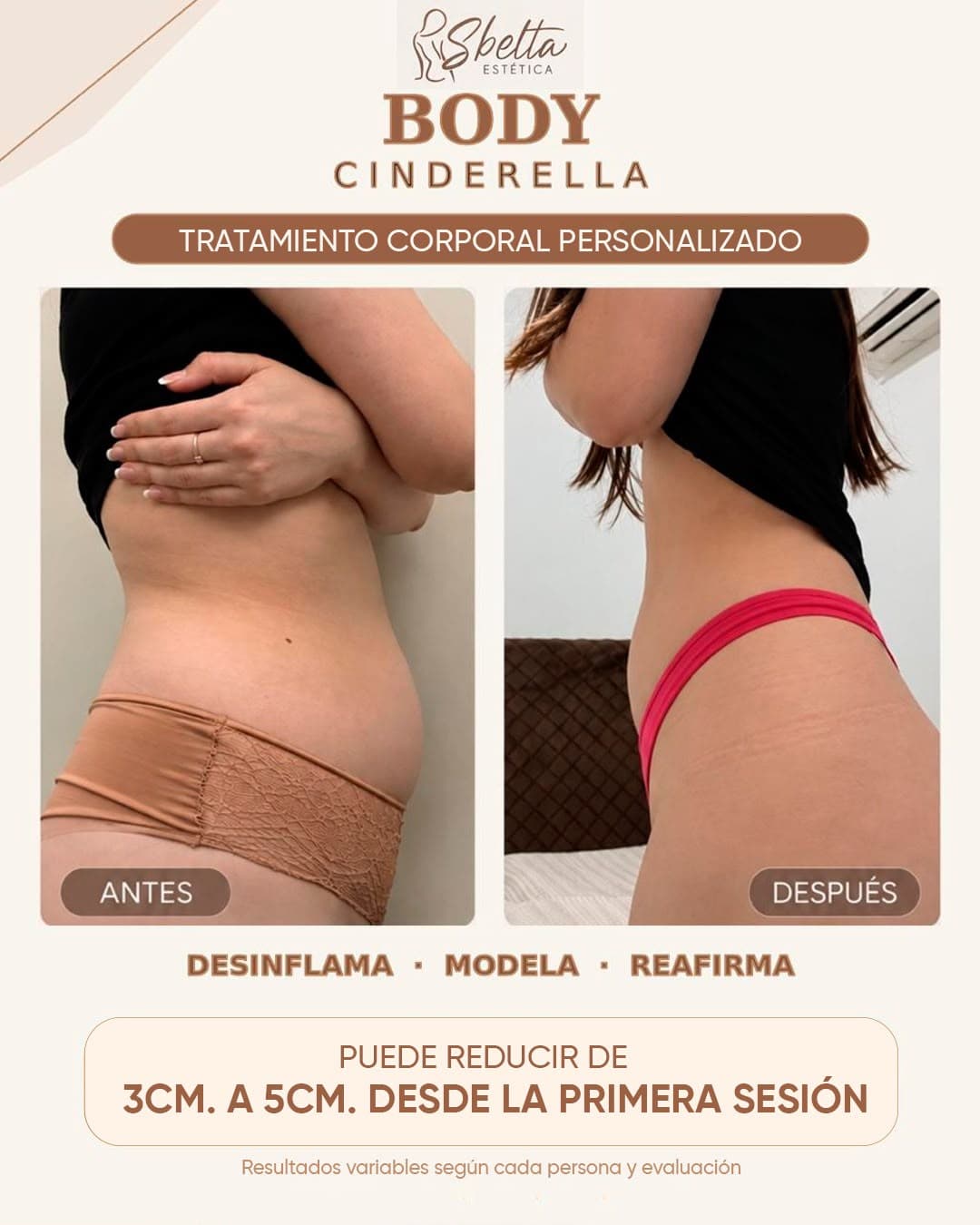 Imagen promocional de Sbelta con una comparación de antes y después de Body Cinderella.